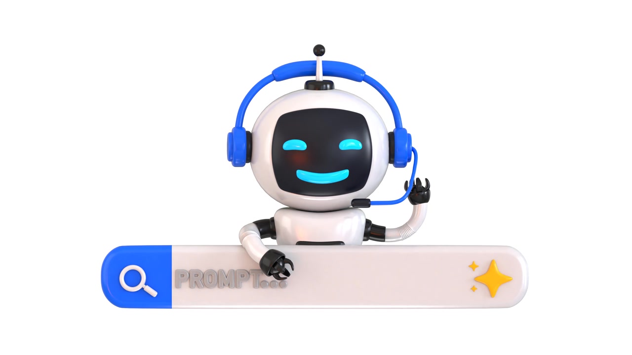 Cute 3D Robot Character with Headset and Search Bar
