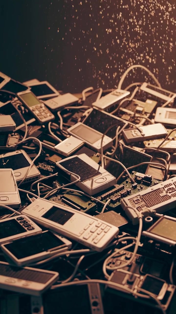 Pile of Old Mobile Phones and Electronic Waste with Falling Particles