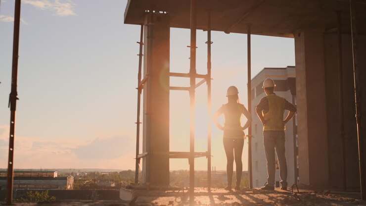 Two Chief Engineer with a drawing in hand looking at the construction site. View from the back. Chief Engineer with blueprint in hand looking at the construction