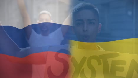 animation of flag of ukraine and russia over biracial male protesters