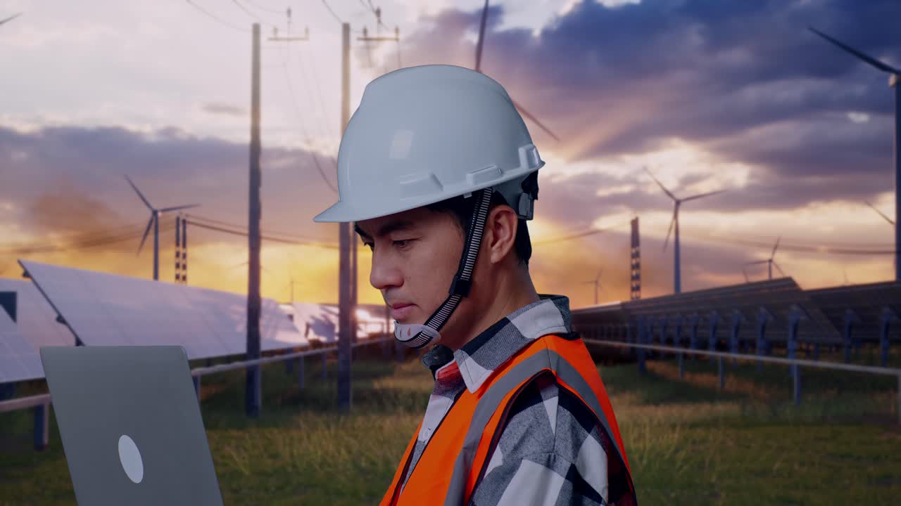Close Up Side View Of Asian Male Engineer With Safety Helmet Working On A Laptop While Standing With Solar Panel and Wind Turbines