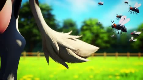 an animated scene featuring a cow's tail and buzzing flies in a lush green meadow, capturing vibrant colors and playful nature interactions
