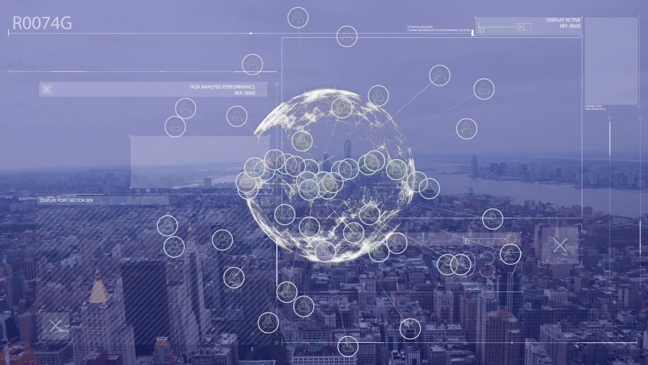 전 세계와 도시 풍경에 대한 연결 네트워크의 애니메이션