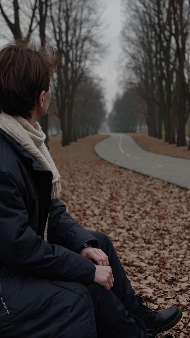 A moody, vertical video shot captures a lone figure on a bench in a leaf-strewn park, framed by bare
