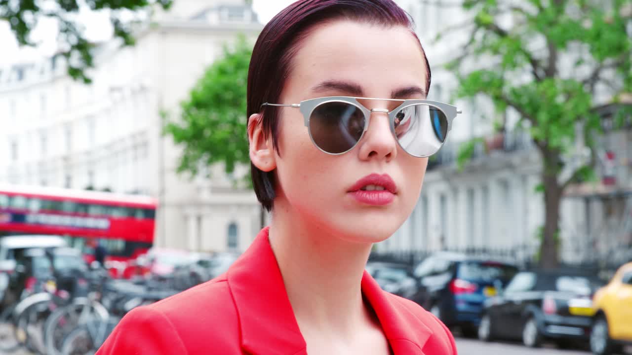 mujer elegante con gafas de sol de pie en la calle de la ciudad