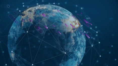 animation of pink shapes and network of connections over rotating globe