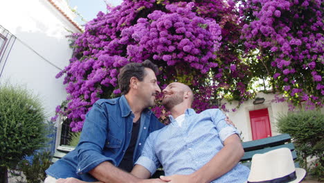 slow motion of homosexual men kissing on bench in summer park