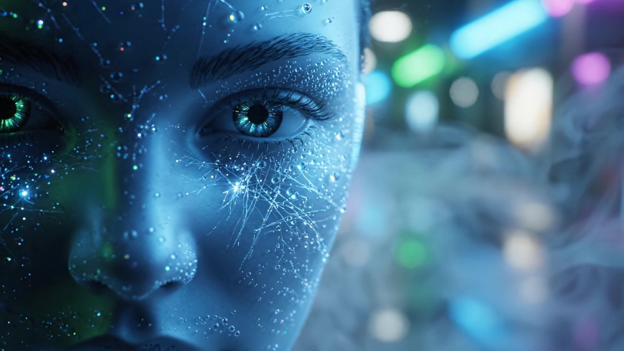 Un ritratto accattivante di una figura futuristica che mostra dettagli facciali intricati e luminosi su uno sfondo urbano colorato, a simboleggiare la fusione di tecnologia e umanità.