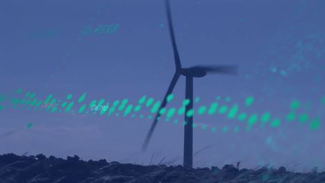 spinning wind turbine over green energy data processing animation in background