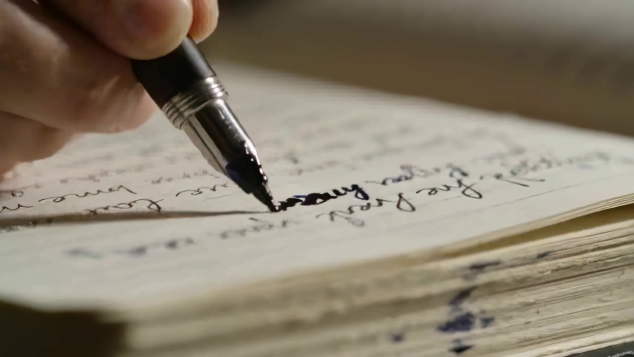Nib touching page, hand holding fountain pen taking notes in journal at desk, black ink pooling