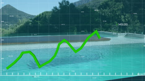 Grüne-Liniendiagramm-Animation-über-Einem-Swimmingpool-Mit-Bergen-Im-Hintergrund