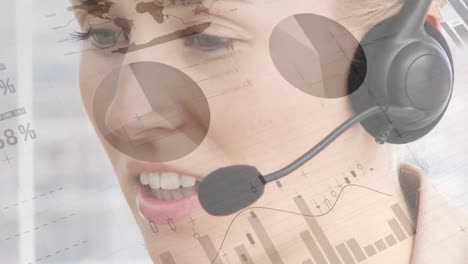 Animation-of-statistics-over-businesswoman-using-phone-headsets