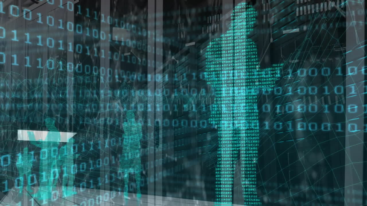 Animation of digital data processing and binary coding over computer servers