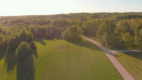 aerial view at sunset of scenic natural park in northern europe, tilt