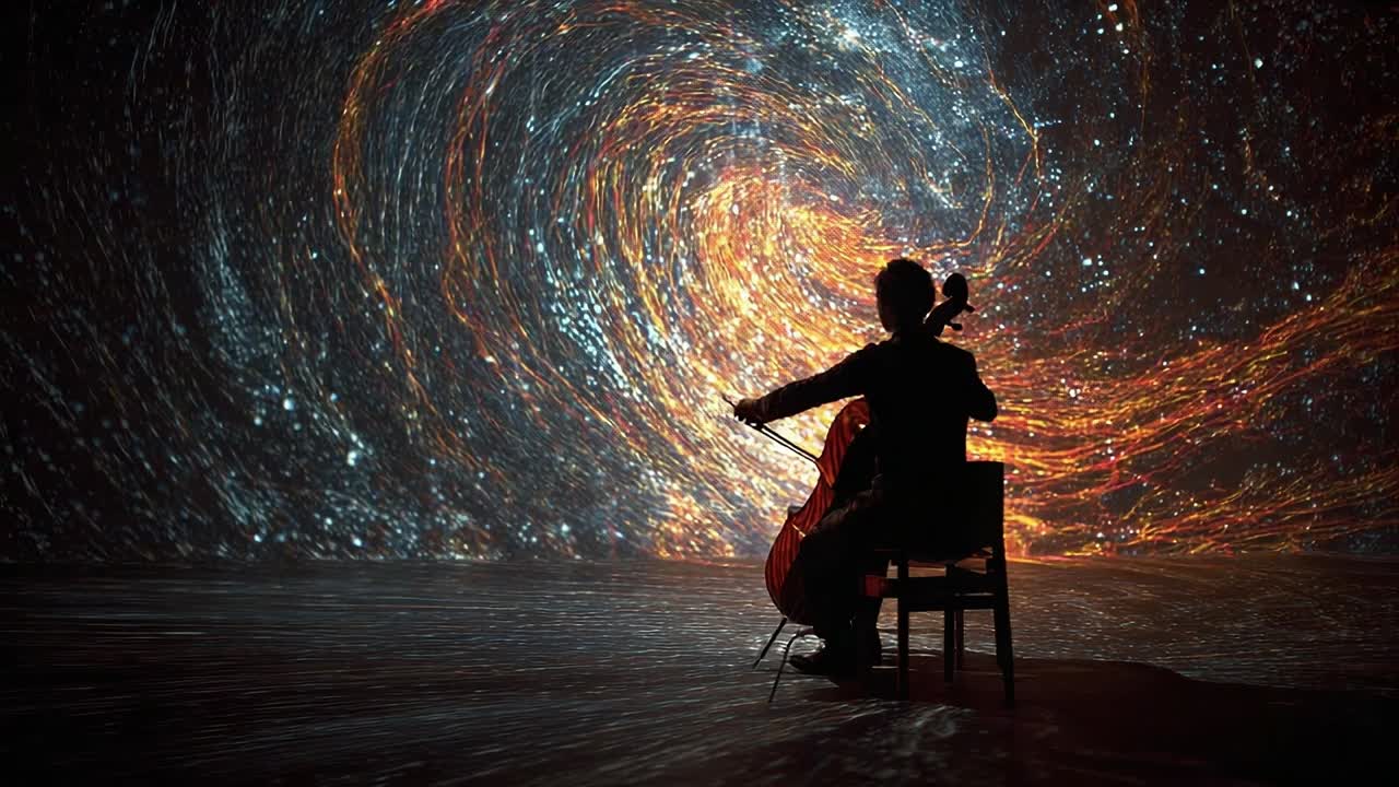 Musiker spiller cello mod en hvirvlende kosmisk baggrund om natten