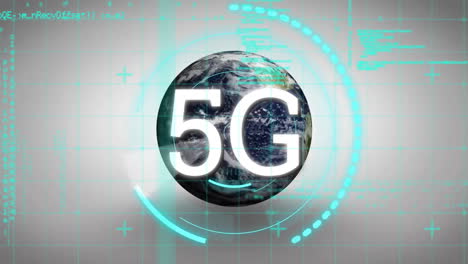 Animation-Von-5G-Text,-Globe-Scope-Scanning-Und-Datenverarbeitung-Auf-Grauem-Hintergrund