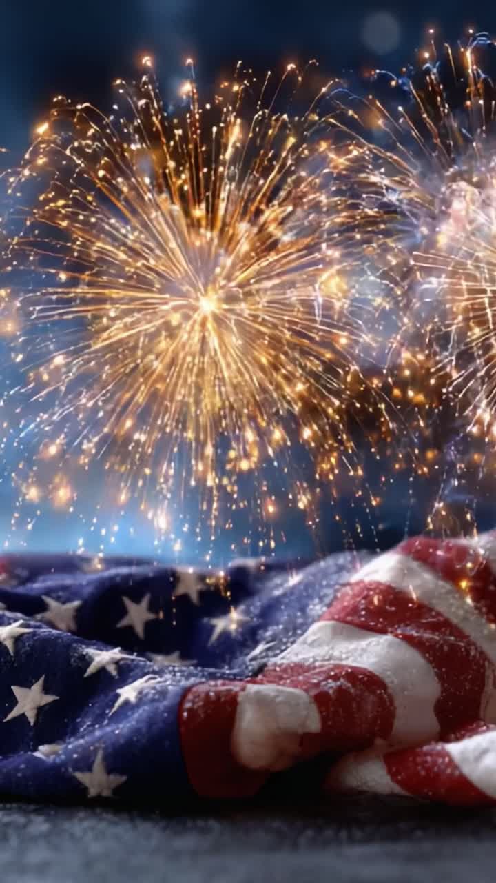 Celebratory Fireworks Ignite the Night Sky Above an American Flag, Symbolizing Unity and Patriotism During National Festivities
