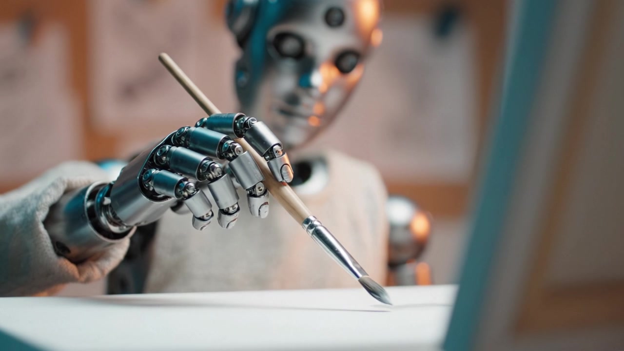 A robotic artist meticulously creating art on canvas, showcasing the fusion of technology and creativity in a captivating artistic environment.