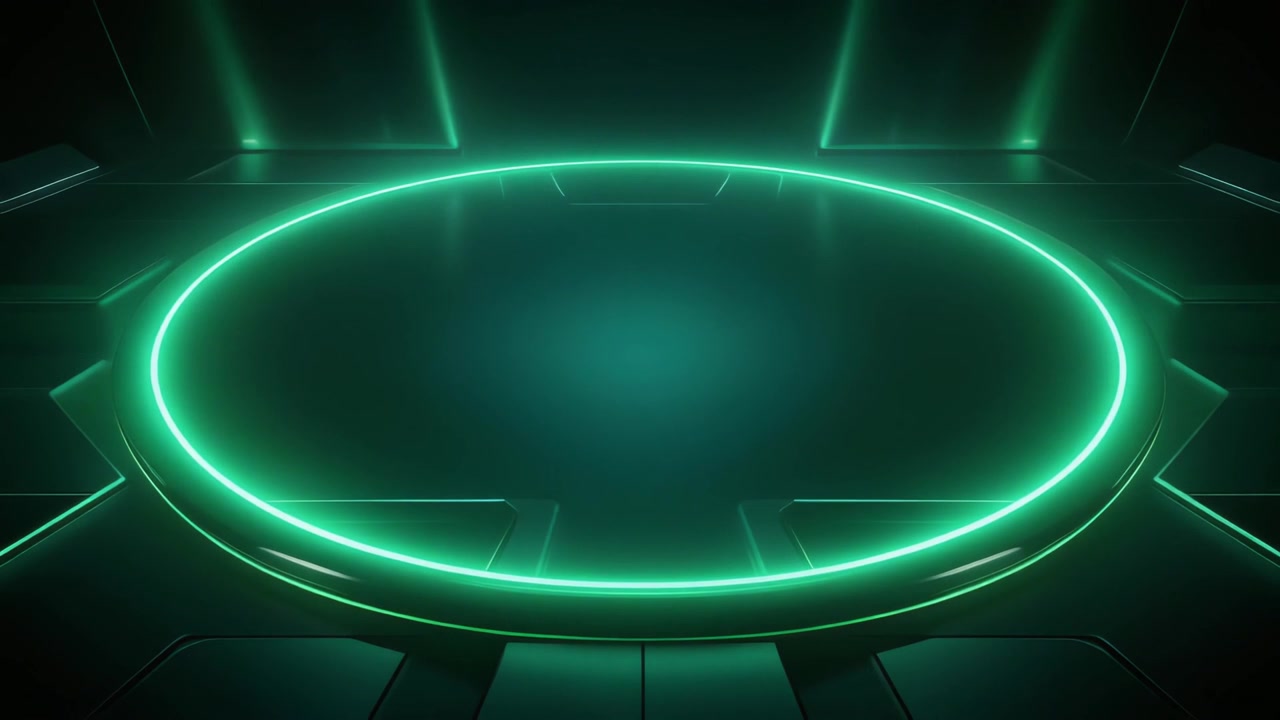 Palco circolare futuristico con luci al neon verdi luminose
