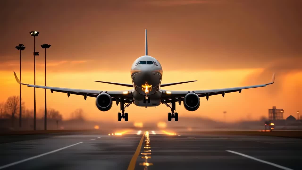 Dramatic low-angle shot of an airplane landing on a runway at sunset, capturing a cinematic video
