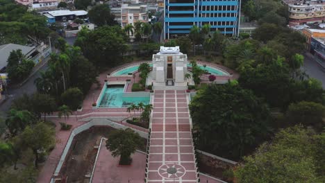 Empty,-desolate-and-deserted-Santo-Domingo-National-Pantheon-structure-constructed-in-neoclassic-renaissance-style,-national-symbol-of-Dominican-Republic,-covid-19-pandemic,-overhead-aerial-approach