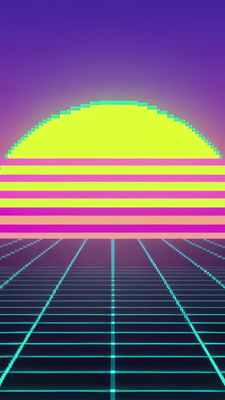 Video verticale: Loop che mostra un sole al neon che tramonta su una griglia sintetica ciano, creando un tramonto con barre magenta.