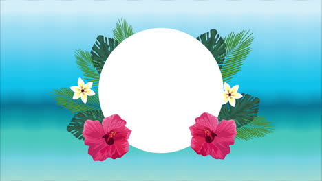 poster de vacaciones de verano con flores y hojas tropicales en la playa