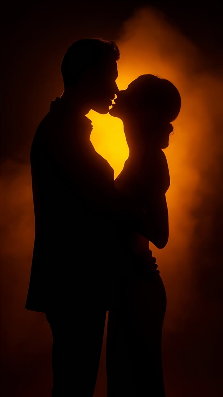 Silhouette Couple Embracing Against Glowing Backlight. Intimate Cinematic Scene Shows Man And Woman In Close