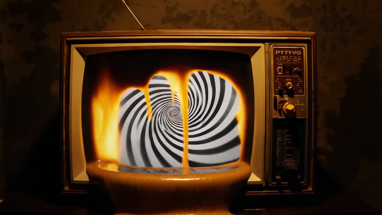 Pyörivä kuvaputkitelevisio näyttää yksivärisen spiraalin pimeässä huoneessa, hehku sytyttää kehyksen tuleen, sulaa valuen.