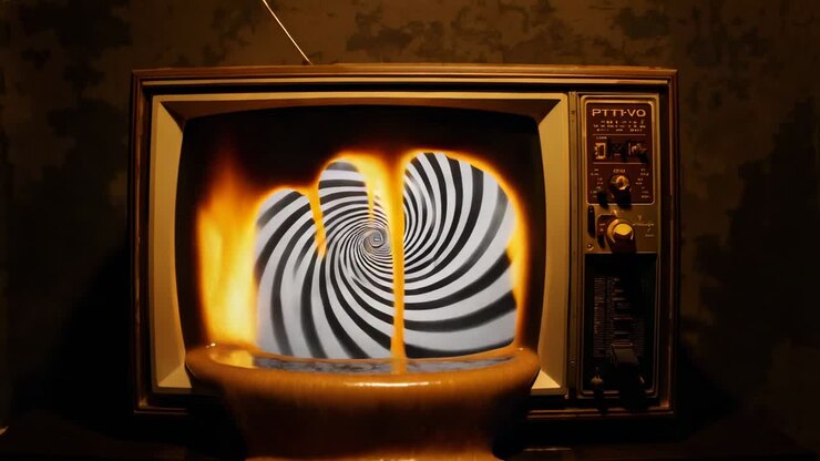 Rotating CRT TV showing monochrome spiral in dark room, glow igniting bezel fire, molten dripping