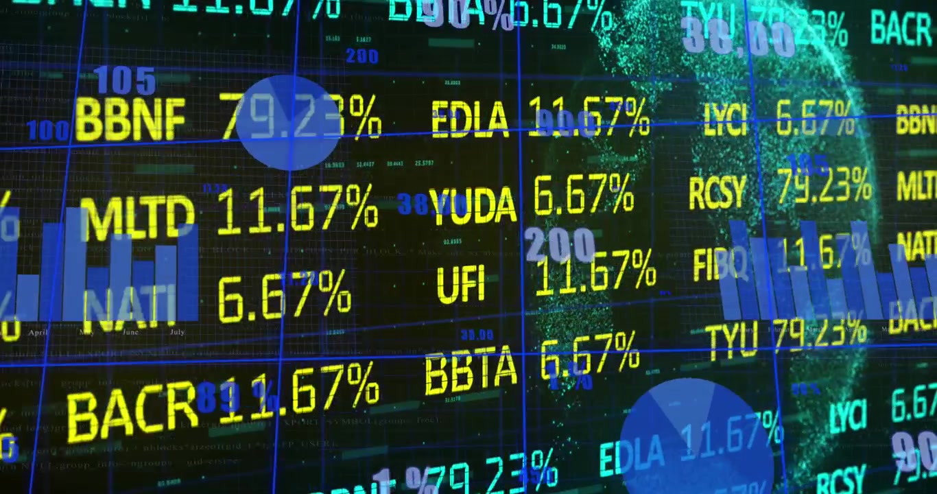 Animation of financial data processing over dark background