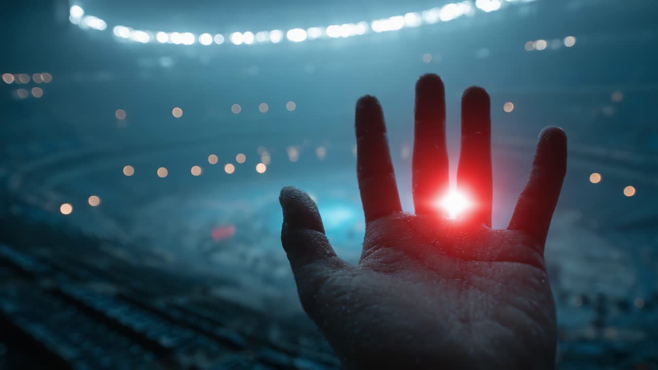 En hånd opplyst i mørket: En fengslende fremvisning av lys og skygge i en tom arena, som fremkaller mystikk og atmosfære i en dramatisk scene.