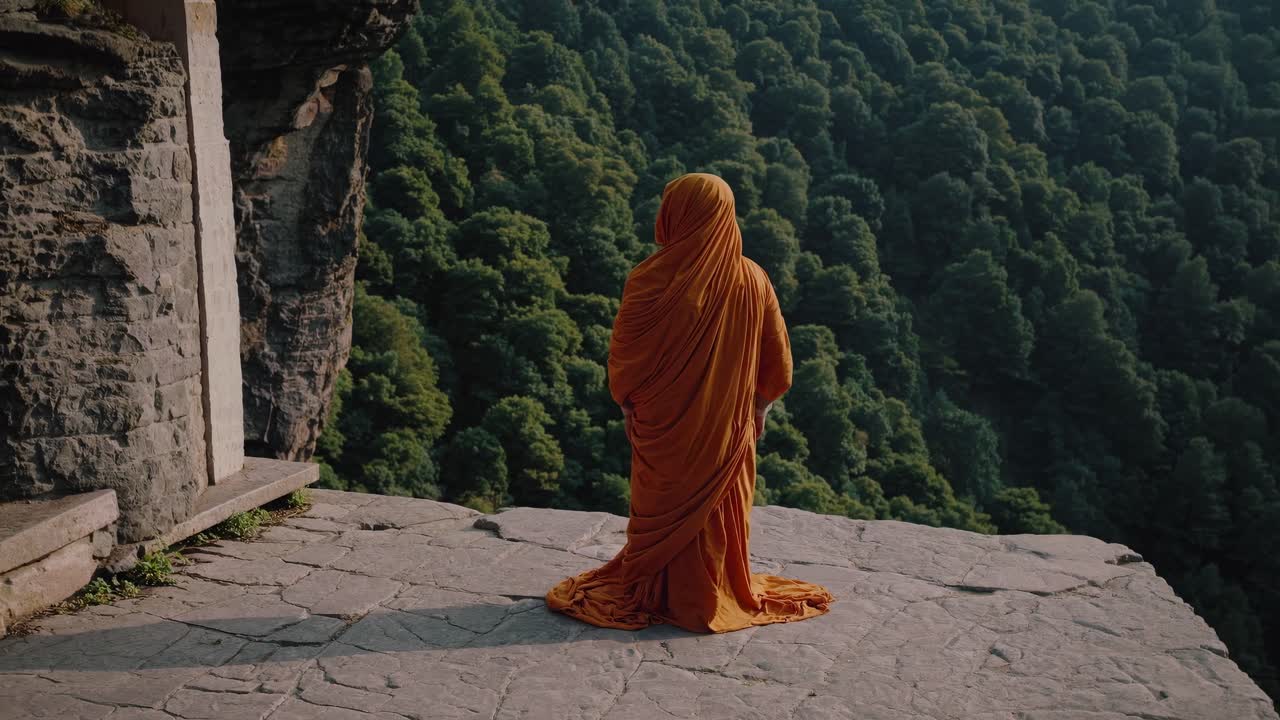 Meditative Buddhist monk wearing bright orange robes sitting in peaceful pose atop mountain temple, panoramic forest landscape spread below serene spiritual setting