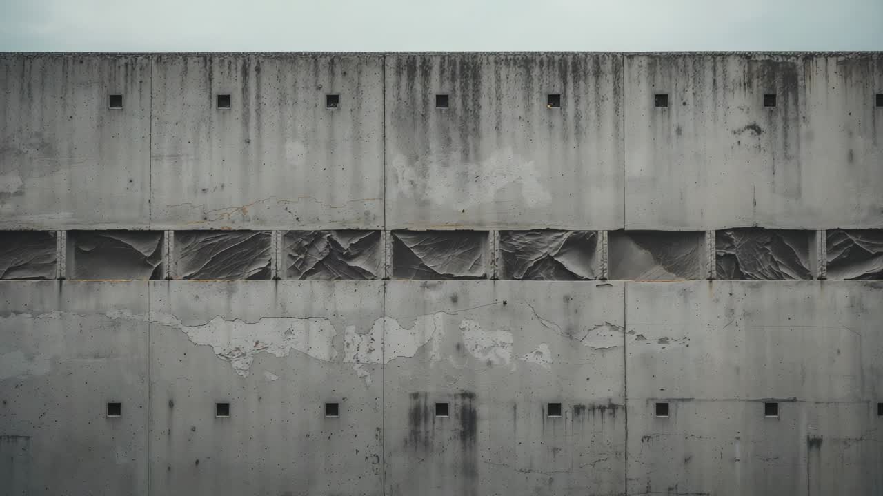Showing weathered concrete wall with fabric shifting in breeze at parking garage facade, torn tarp
