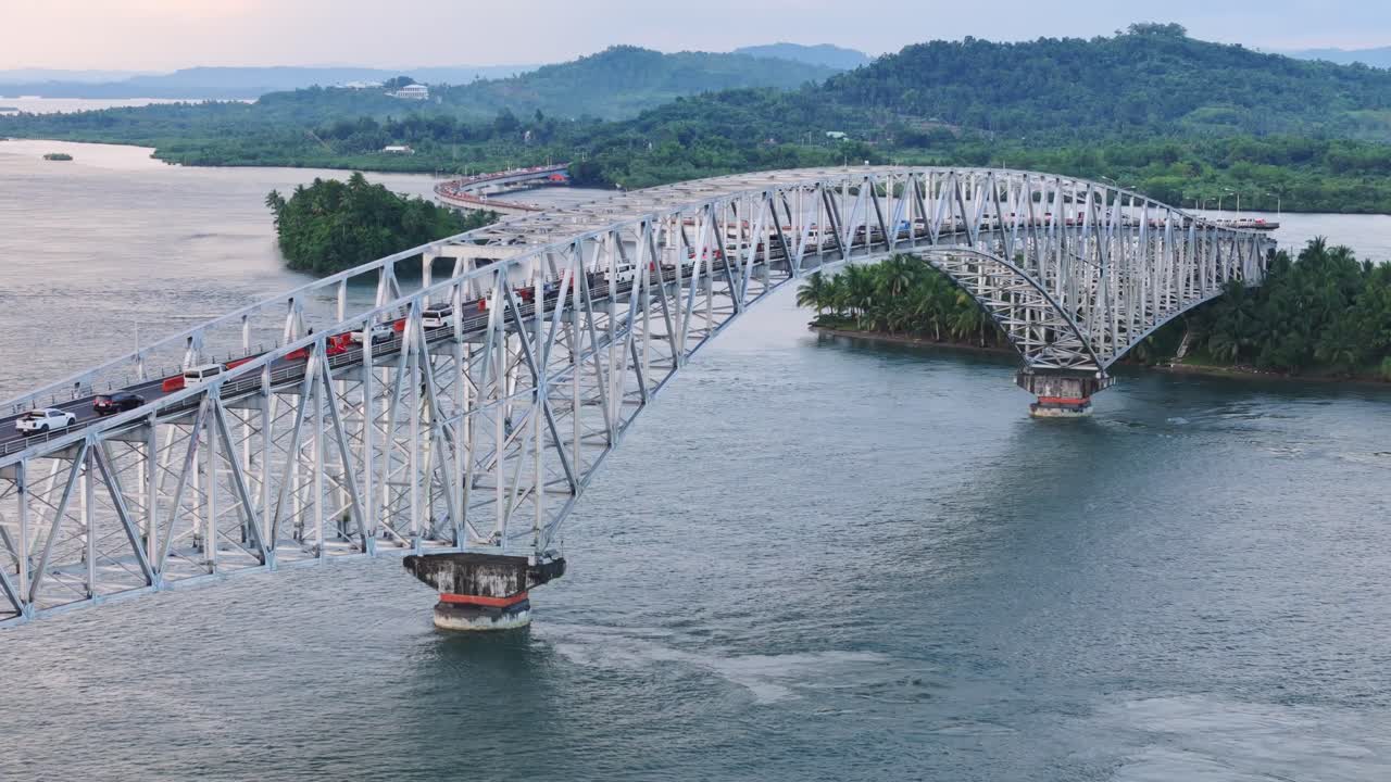 San Juanico Bridge establishing shot, pull out aerial over this famous Philippine Bridge