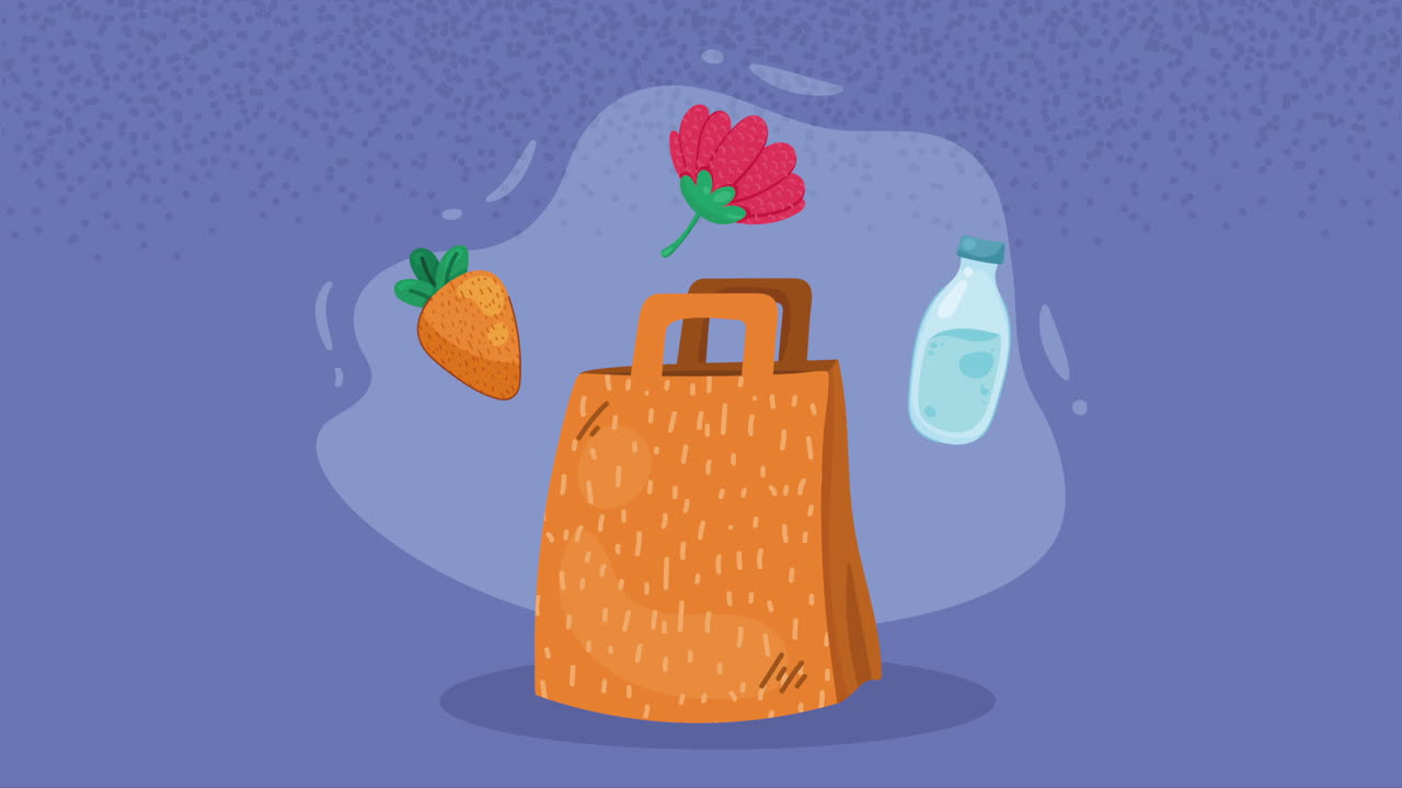 꽃과 당근 애니메이션을 가진 생태학 종이 봉투