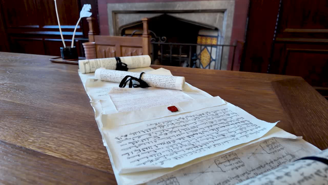 Ancient parchment scrolls, marked with a red wax seal, lying on a wooden table