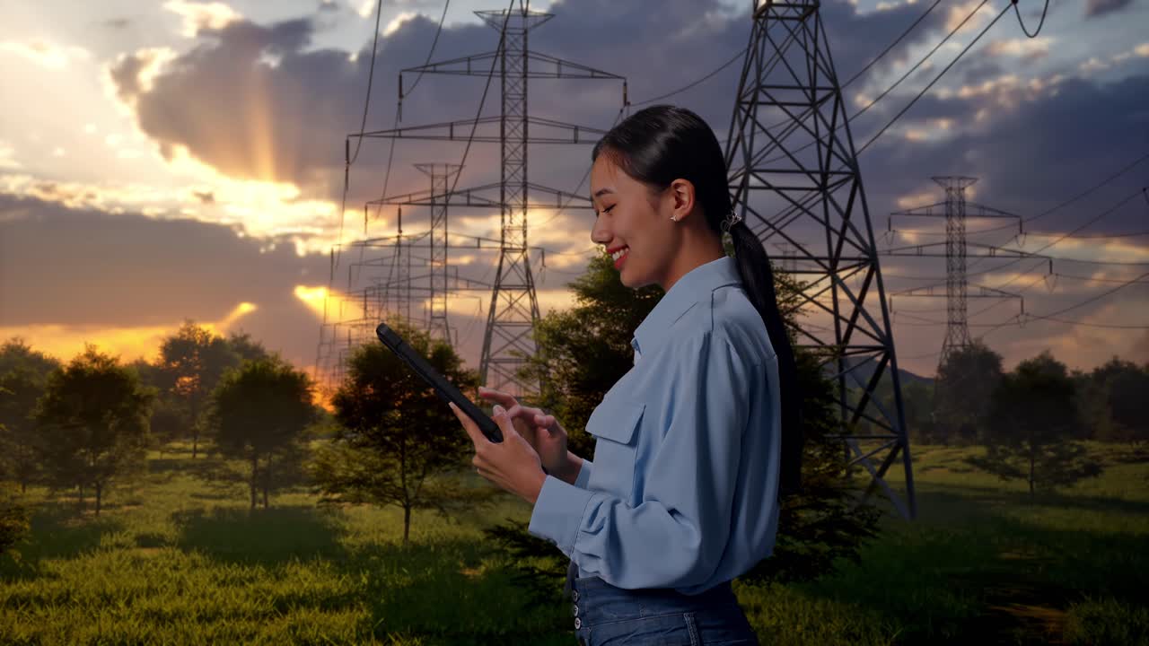 Mulher jovem usando tablet perto de torres de eletricidade ao pôr do sol