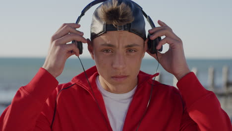 portrait confident teenager boy puts on headphones listening to music enjoying relaxed  sunny day on seaside beach wearing trendy fashion slow motion