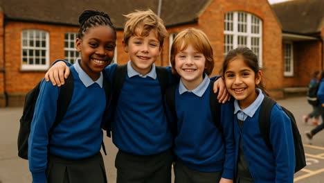 A cheerful group of schoolchildren in uniforms, smiling at the camera in a medium close-up angle