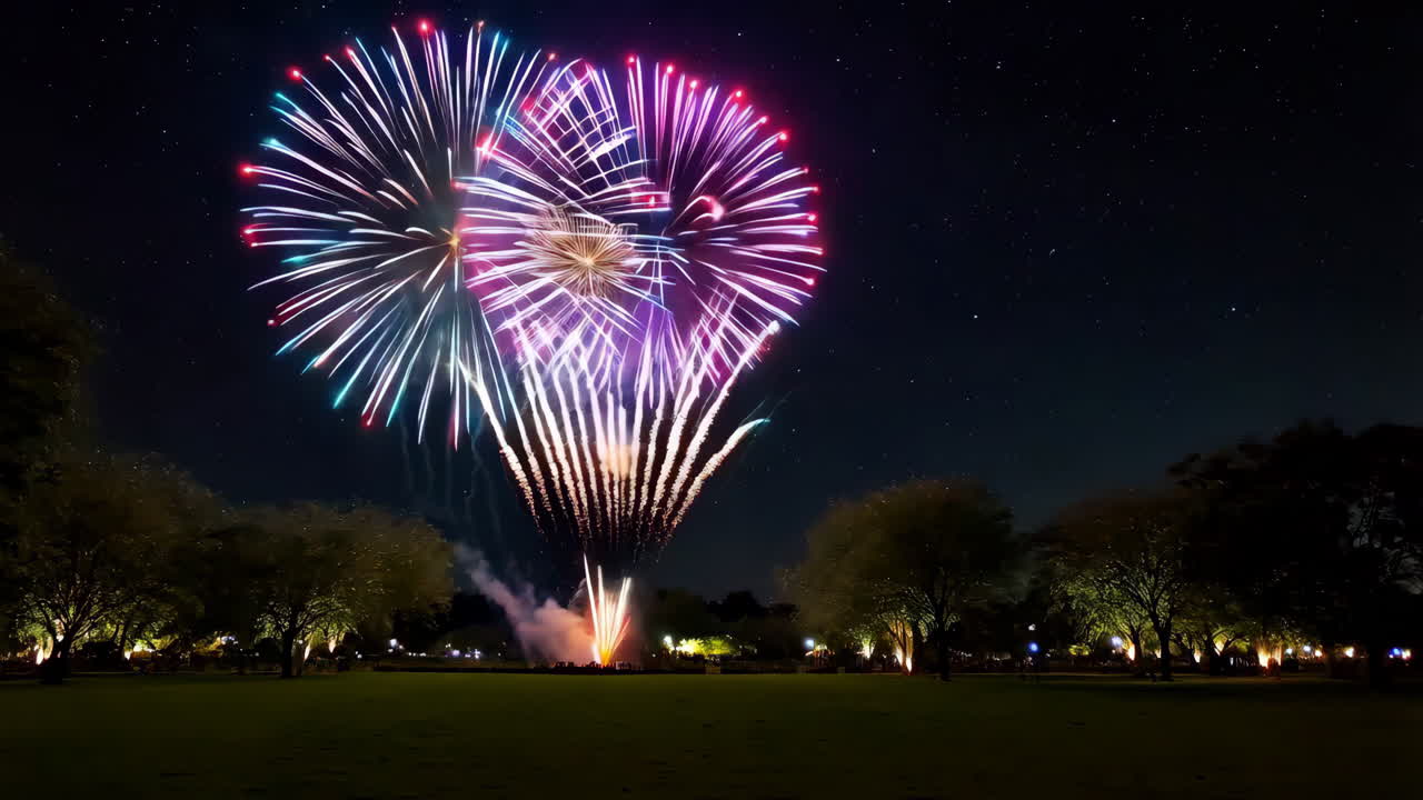 Colorful Fireworks Display over a Park at Night