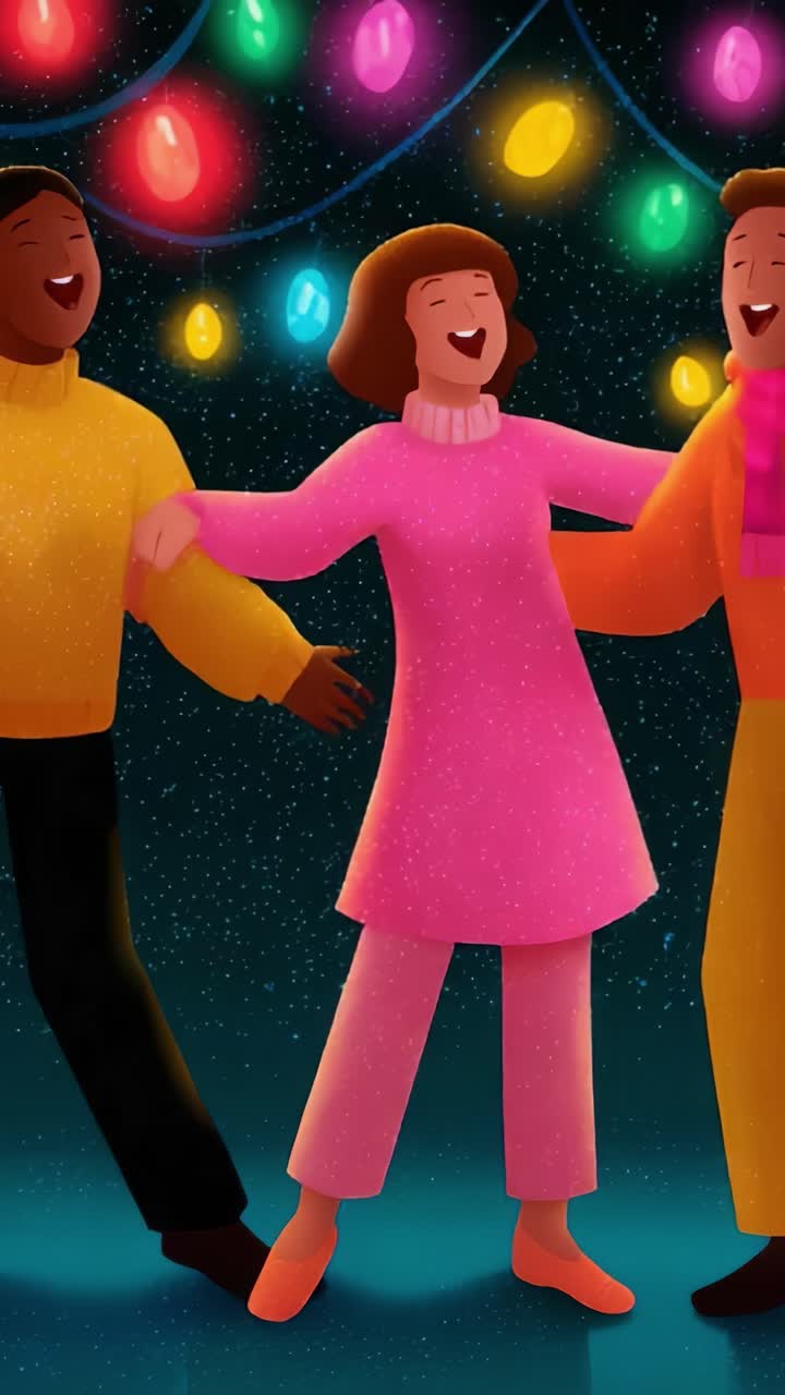Three Friends Joyfully Celebrating Together Under Colorful Lights in a Festive Atmosphere, Capturing the Spirit of Togetherness and Happiness in This Animated Scene