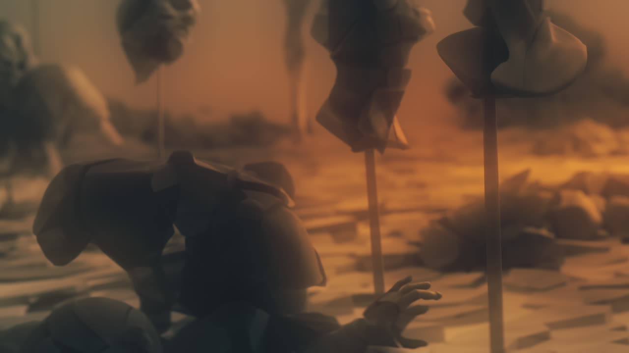 Destroyed andorids on a junkyard in yellow light