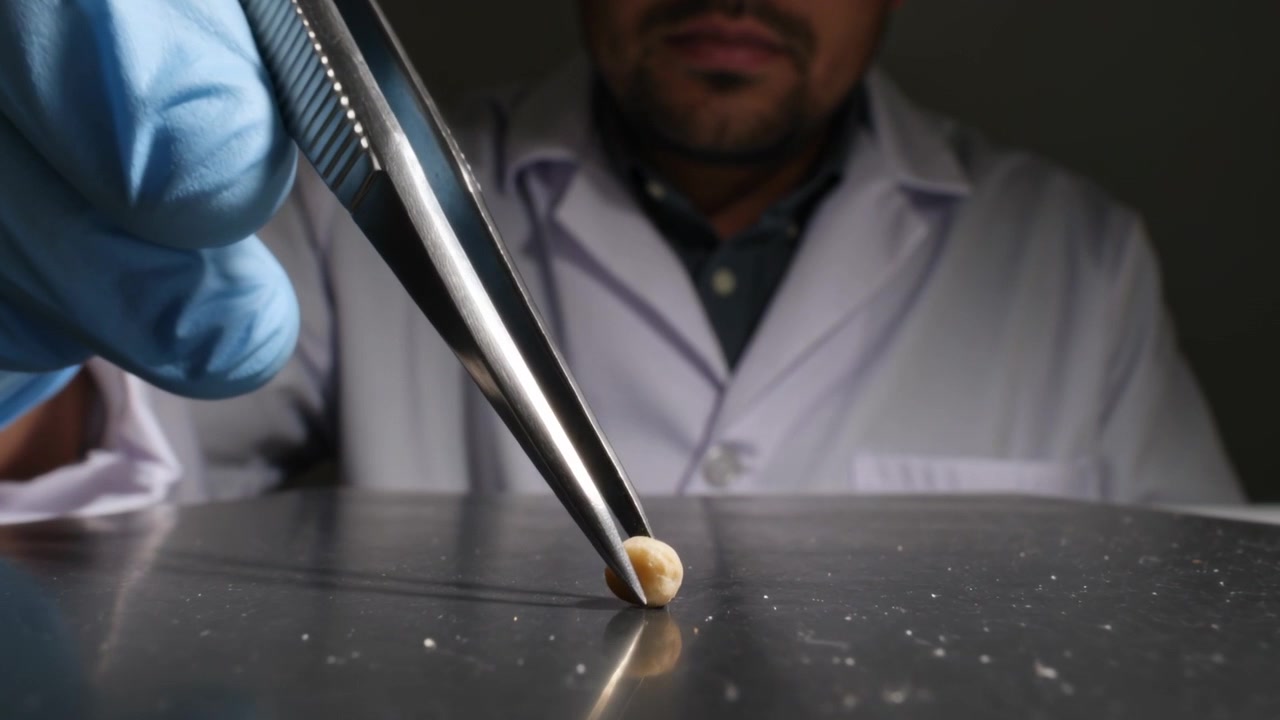 Una mano guantata si allunga mentre un tecnico in camice da laboratorio solleva un campione beige rotante su un vassoio per ispezionarlo con le pinzette.