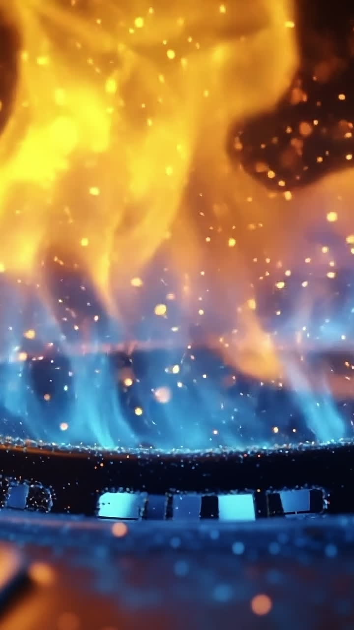 Flames dancing on a stovetop burner. Vibrant flames in shades of blue and orange emerge from a stovetop burner, illuminating the surroundings.