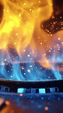 flames dancing on a stovetop burner. vibrant flames in shades of blue and orange emerge from a stovetop burner, illuminating the surroundings.