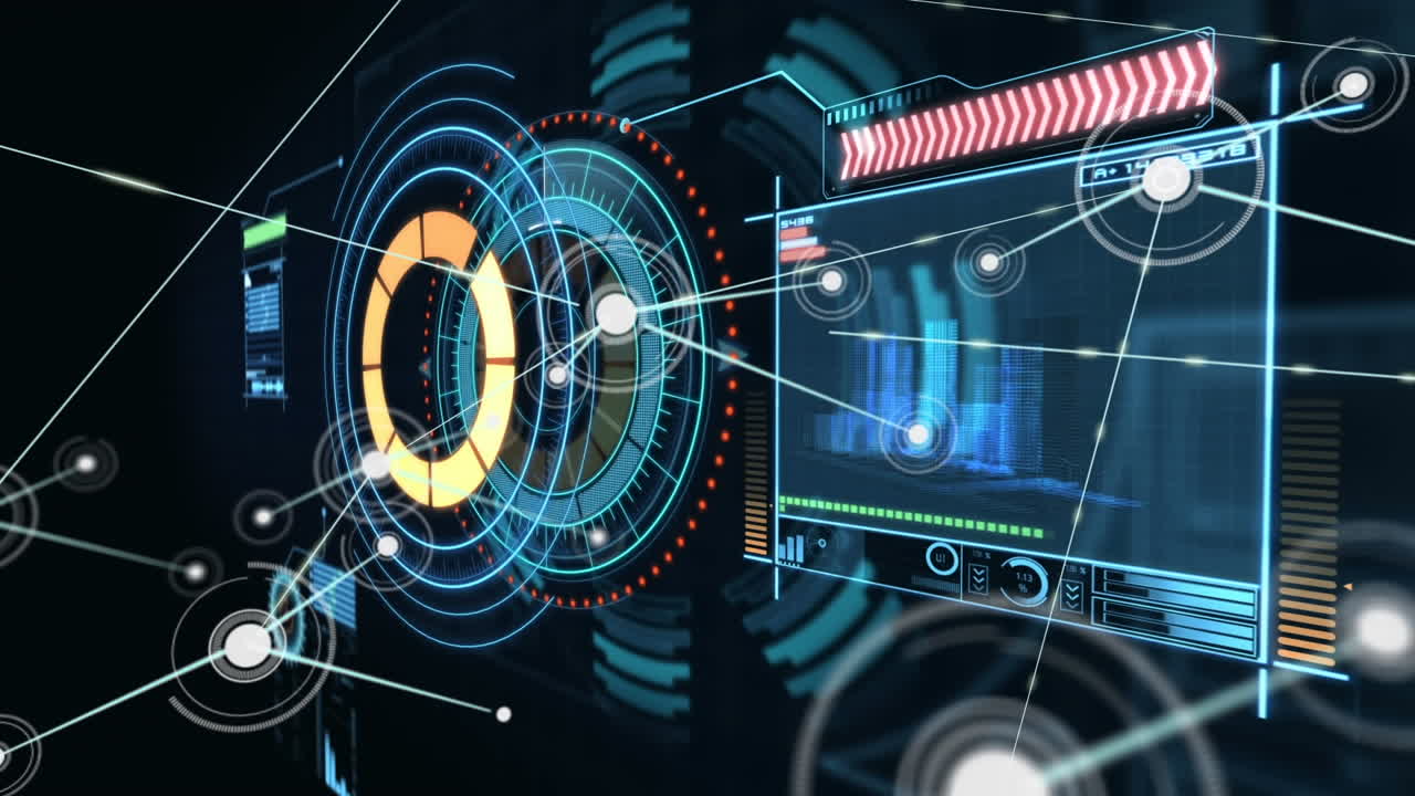 red de conexiones contra interfaz digital con procesamiento de datos en fondo negro