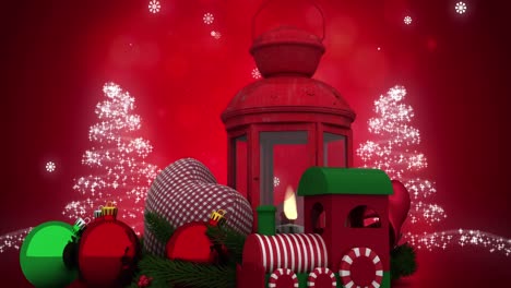 Animation-Von-Weihnachtsdekorationen-Mit-Kugeln-Und-Laterne-über-Schnee,-Der-Auf-Roten-Hintergrund-Fällt