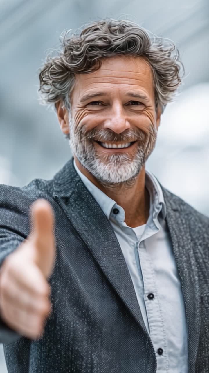 Un caloroso benvenuto: un uomo sorridente che porge la mano per un saluto amichevole e una connessione in uno spazio luminoso e moderno