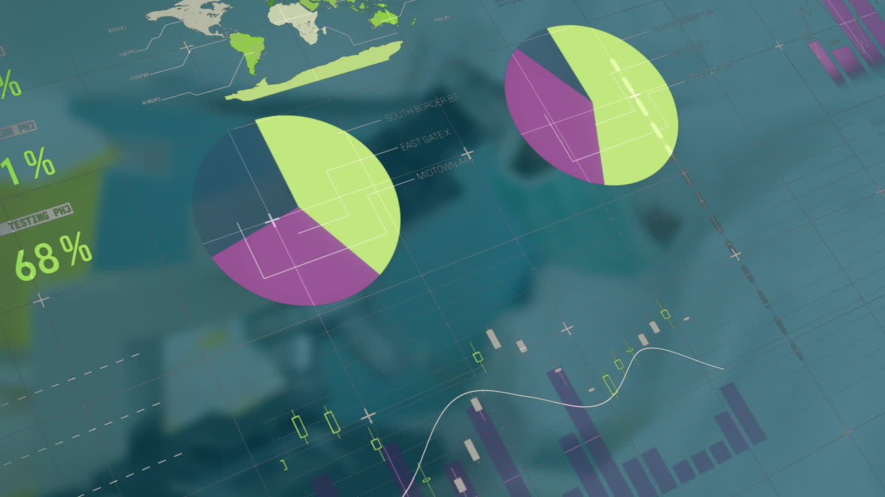 Animation of colorful pie and bar charts on financial data with world map